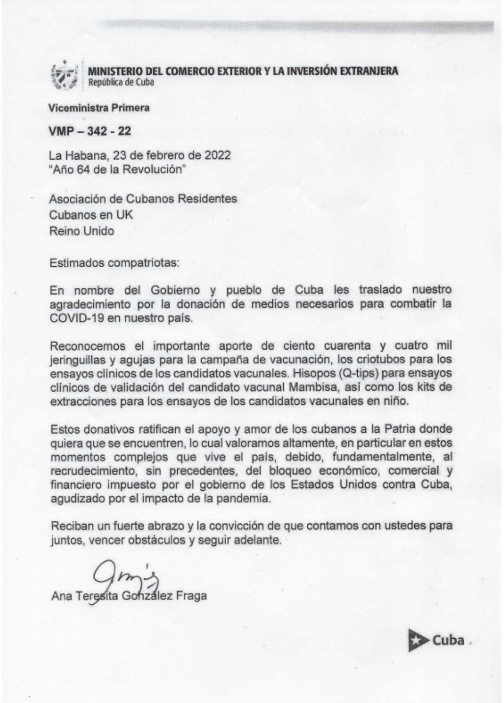 letter to cubanos en UK Mincex